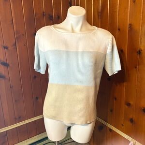 Liz Claiborne Women's Ribbed Color Block White Light Blue Beige Stretchy Shirt